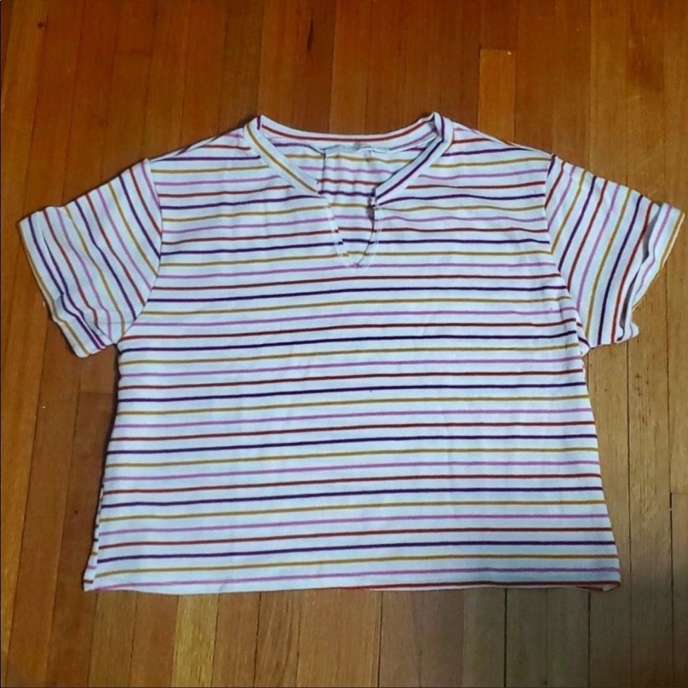 Lush Rainbow Stripe Notched Crop Tee